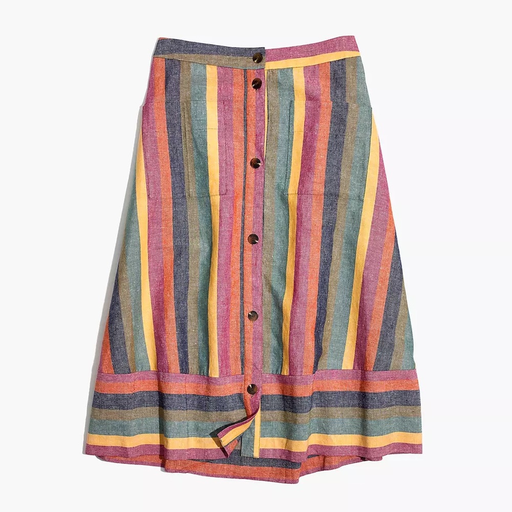 Madewell Rainbow Stripe Button Midi Skirt